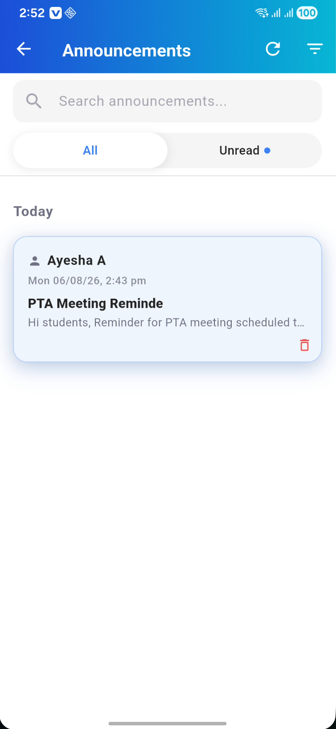 Announcements list
