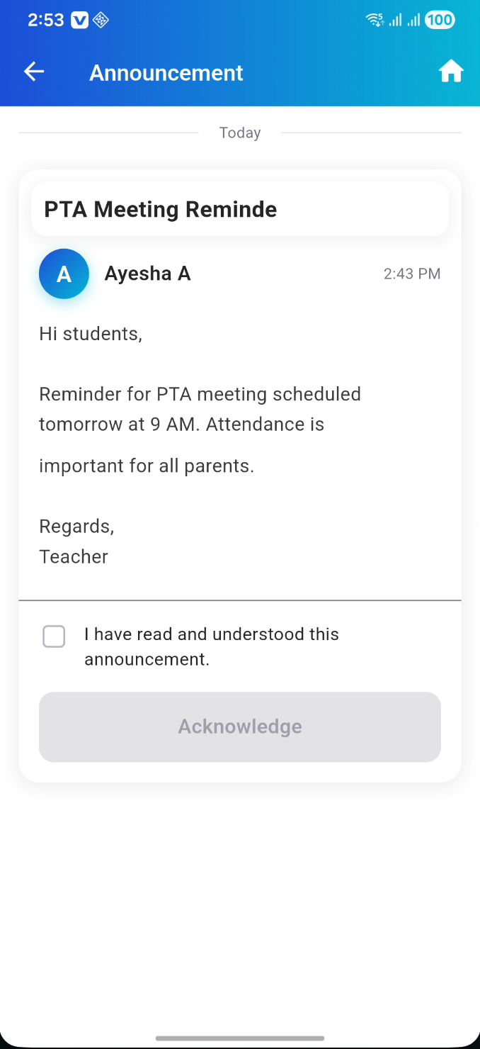 Announcement detail with acknowledge