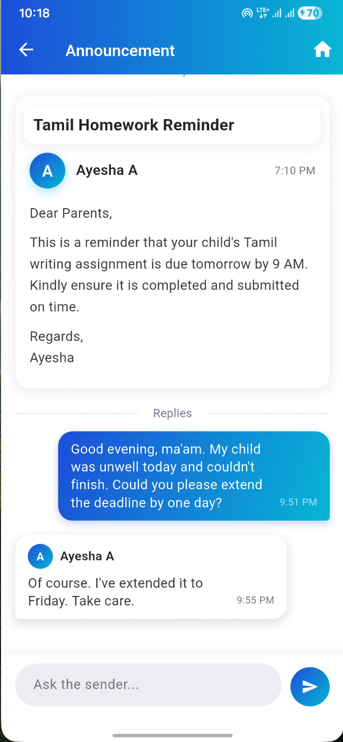 Two-way reply thread on an announcement