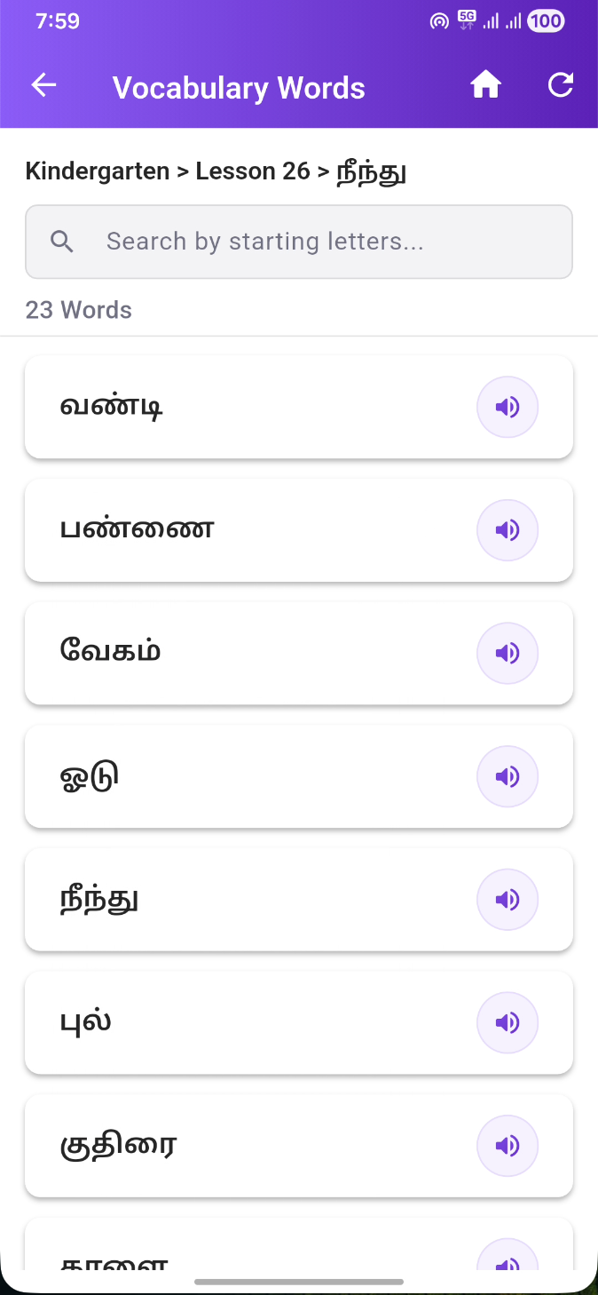 Vocabulary word list within a lesson
