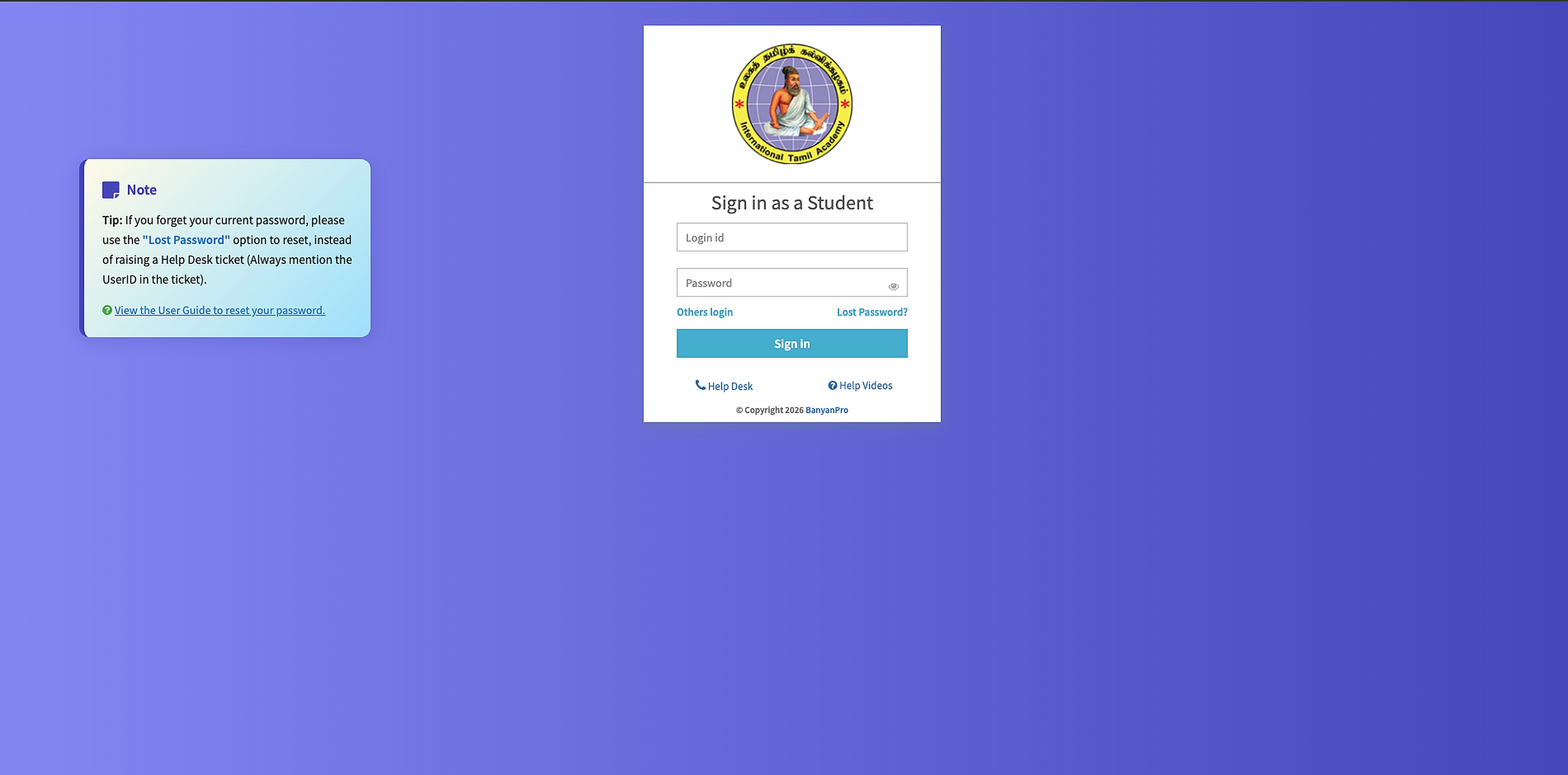 BanyanPro student login screen